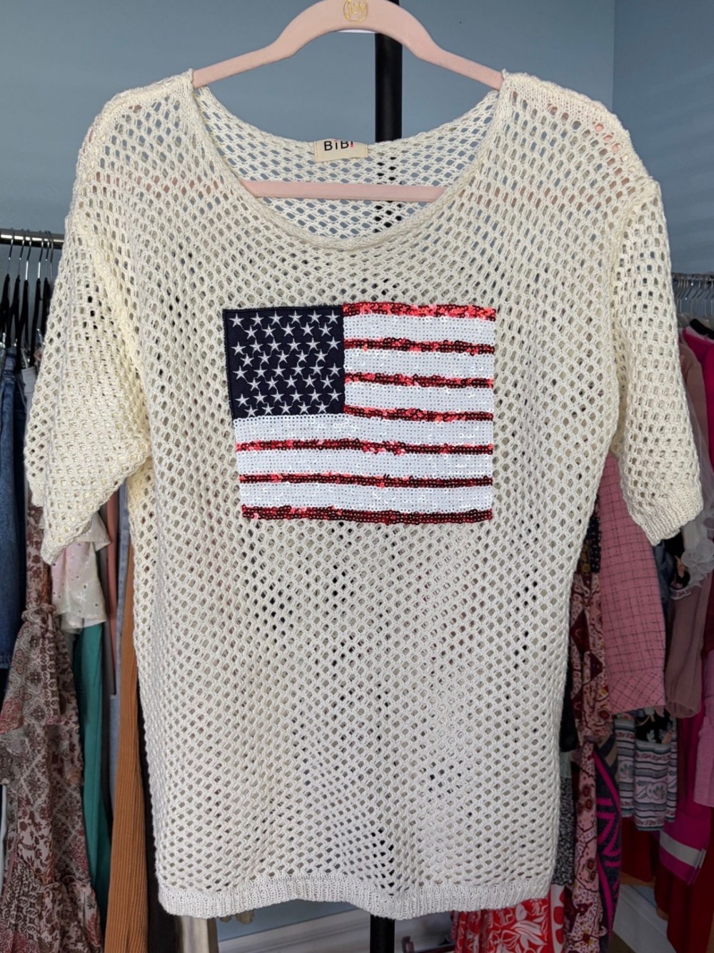 NWOT BiBi Open-Knit USA Sequin Flag Top